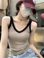 實拍 夏季韓版修身v領撞色含胸墊氣質百搭純棉吊帶背心上衣