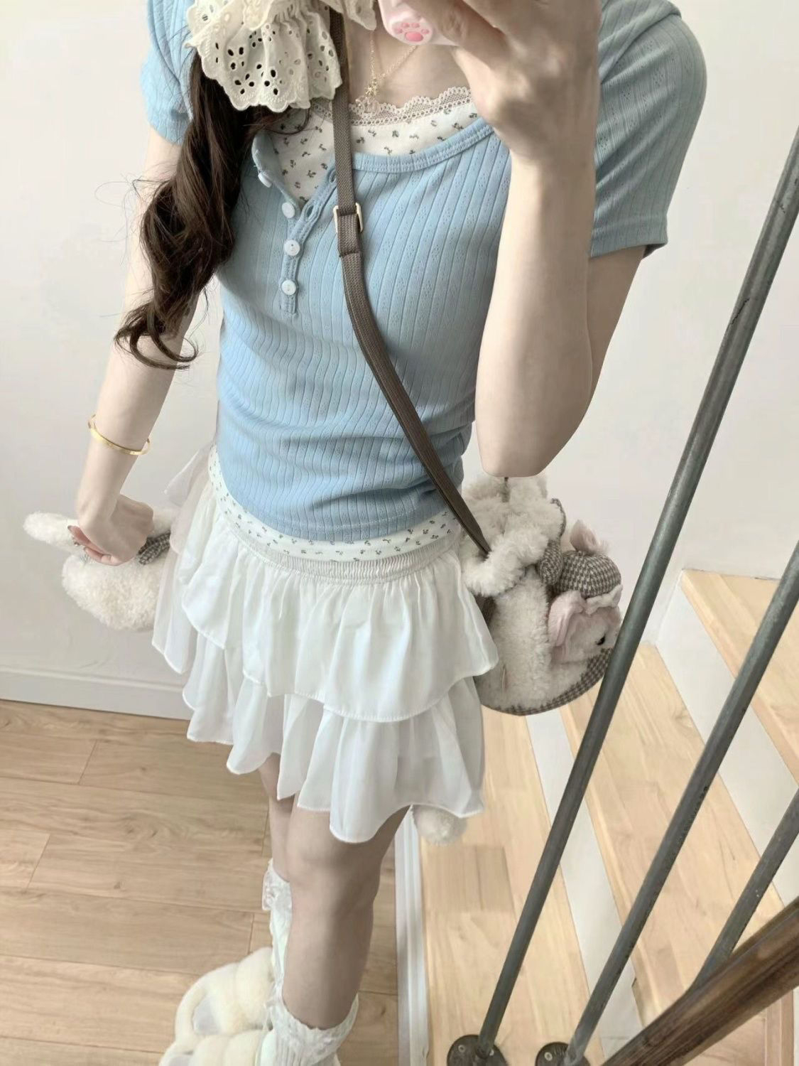 碎花短袖T恤夏季設計拼接兩件顯瘦辣妹修身打底上衣+蛋糕裙兩件套