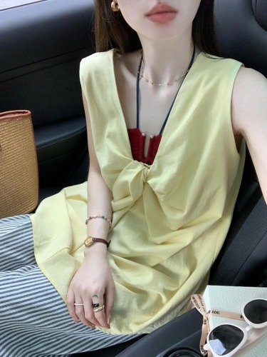 National fashion brand yellow v-neck vest for women summer design college style loose casual temperament versatile and chic top