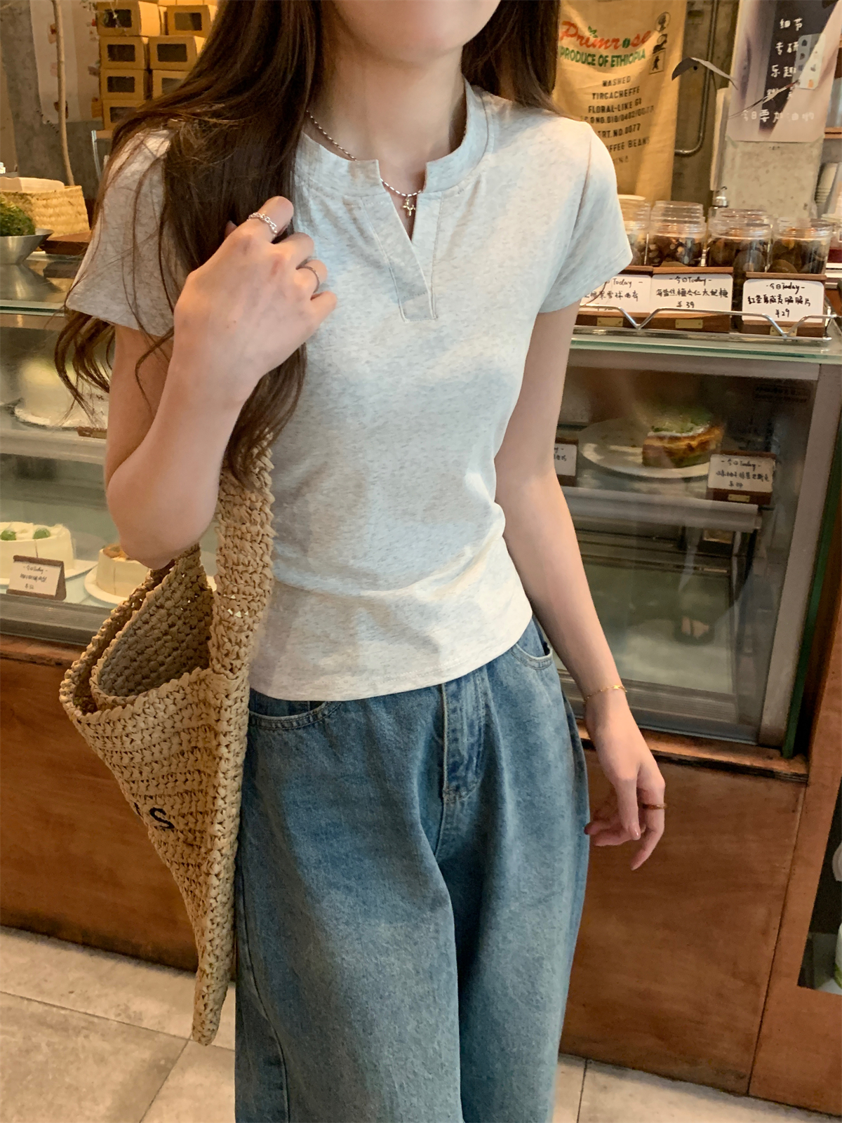 實拍 夏季韓版修身半開領正肩簡約百搭純棉短袖T恤上衣女