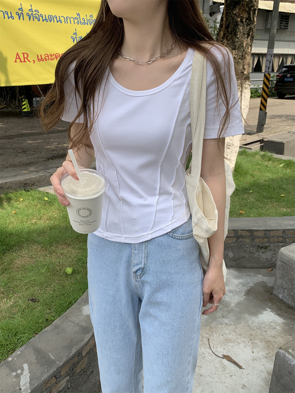 實拍 夏季韓版修身圓領百搭魚骨顯瘦設計感純棉短袖上衣T恤