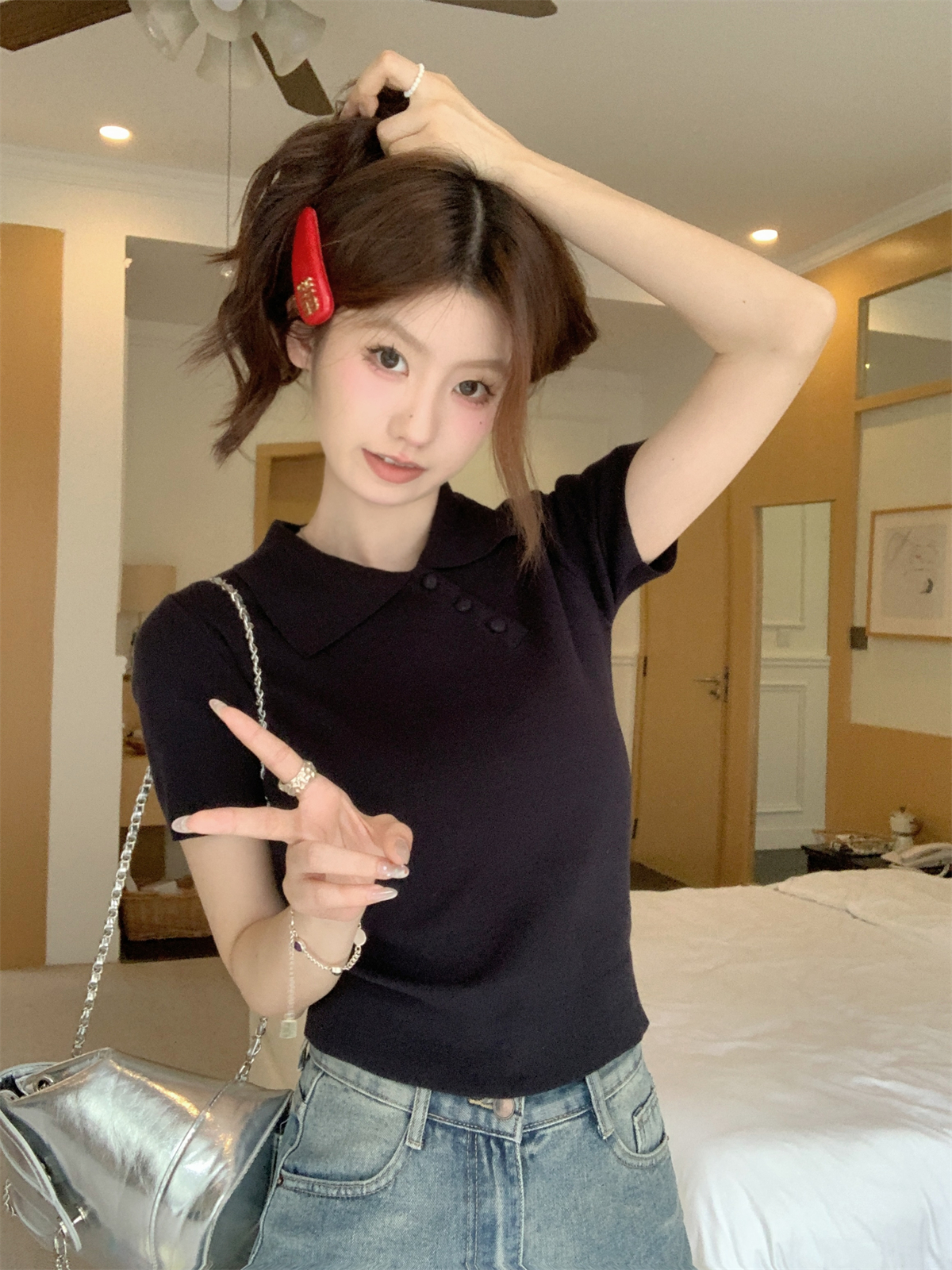 實拍 夏季韓版修身polo領學院不規則紐扣百搭針織短袖衫上衣