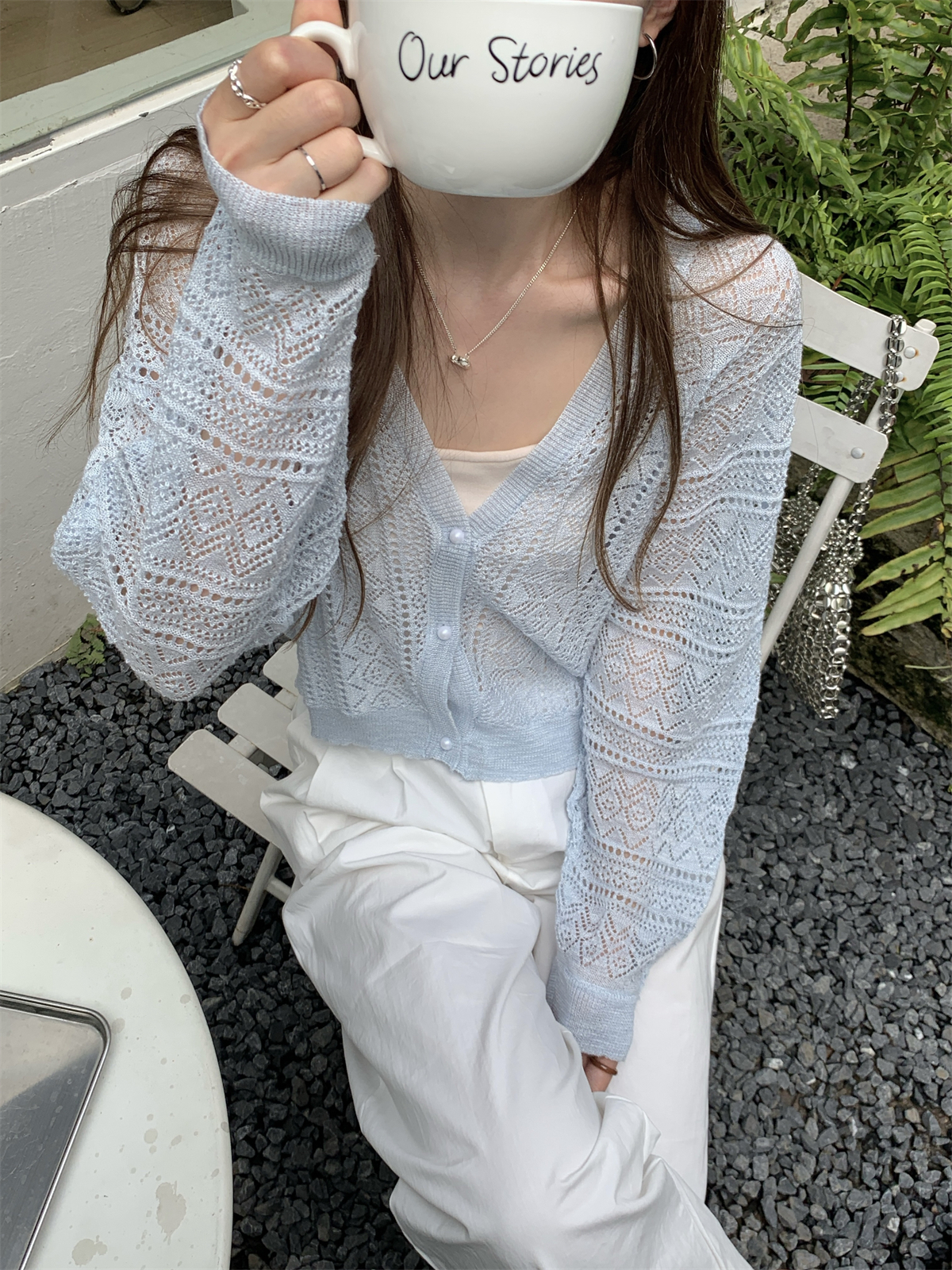 實拍 夏季韓版寬鬆v領開衫鏤空勾花竹節麻防曬針織上衣外搭