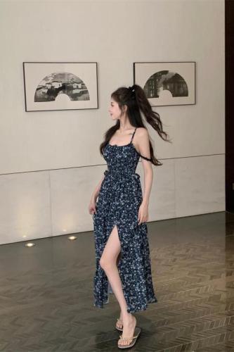 Real shot ~ 2024 new floral slit long skirt summer high-end temperament slim suspender dress for women