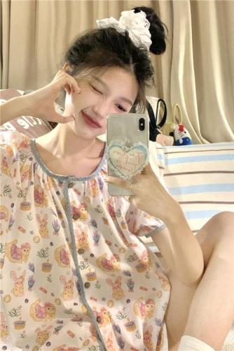 Real shot of Korean cartoon loose cotton contrasting color lace comfortable summer home wear short-sleeved suit dress