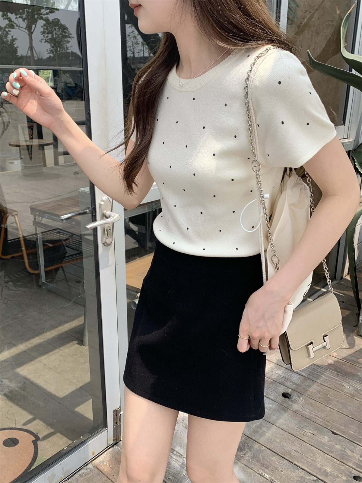 實拍 夏季韓版圓領氣質波點百搭安迪絨針織短袖上衣女
