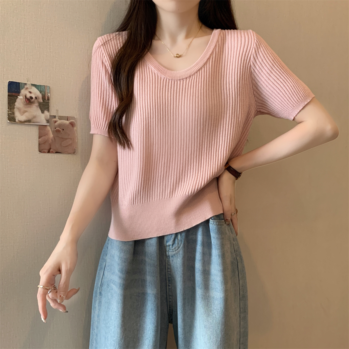 Summer Korean-style loose U-neck elegant versatile solid color 6 wool knit short-sleeved top for women