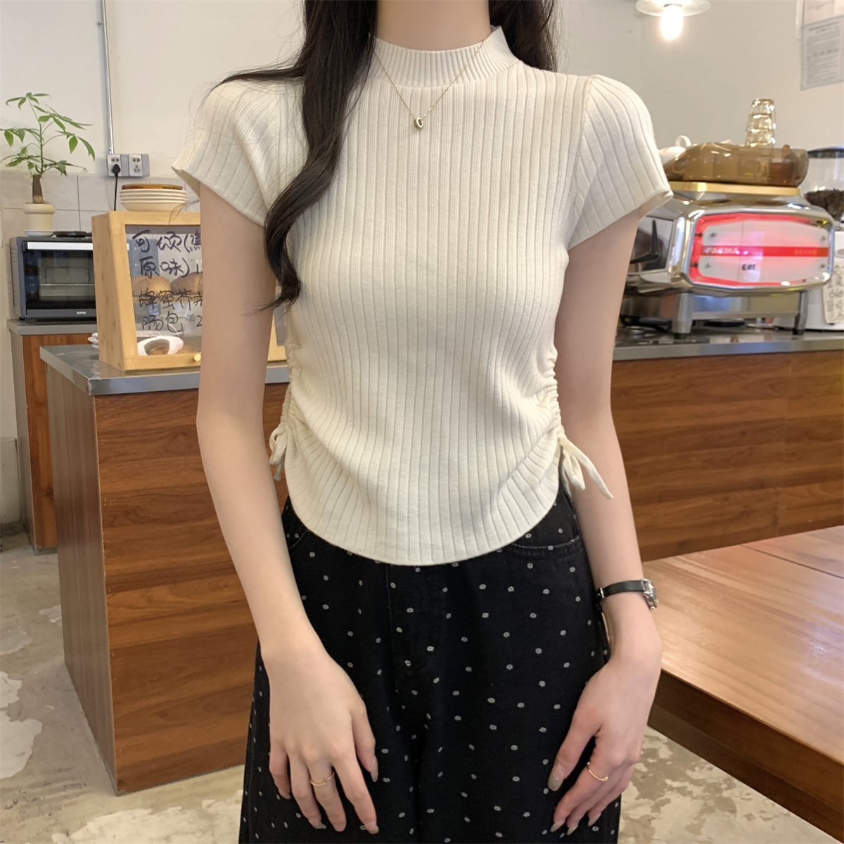 實拍 夏季韓版氣質半高領坑條鏤空抽繩顯瘦針織短袖上衣女