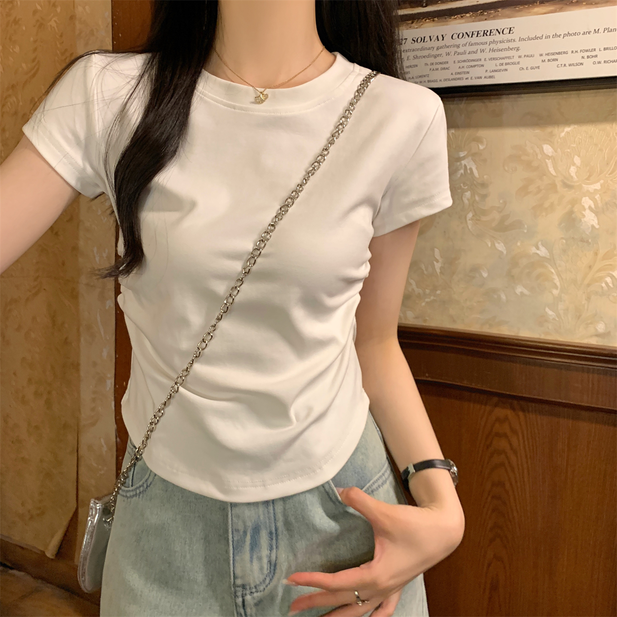 實拍 夏季韓版圓領純色褶皺顯瘦設計感百搭純棉短袖T恤上衣
