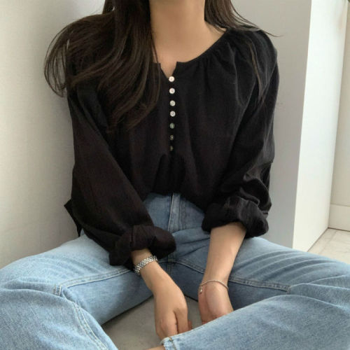 Korean chic French niche long-sleeved tops retro Hong Kong style simple temperament loose slimming versatile shirt for women