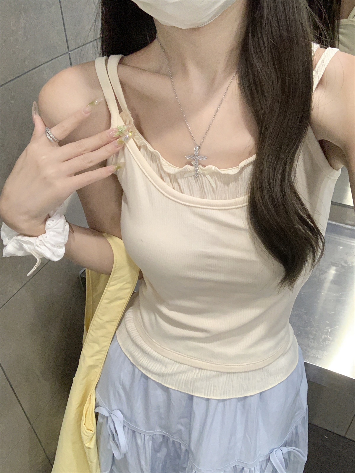 實拍 夏季韓版修身純欲假兩件顯瘦設計感吊帶純棉背心上衣女