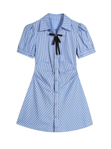 法式蓝色条纹连衣裙女夏季胖mm设计感小众遮肚显瘦衬衫裙套装