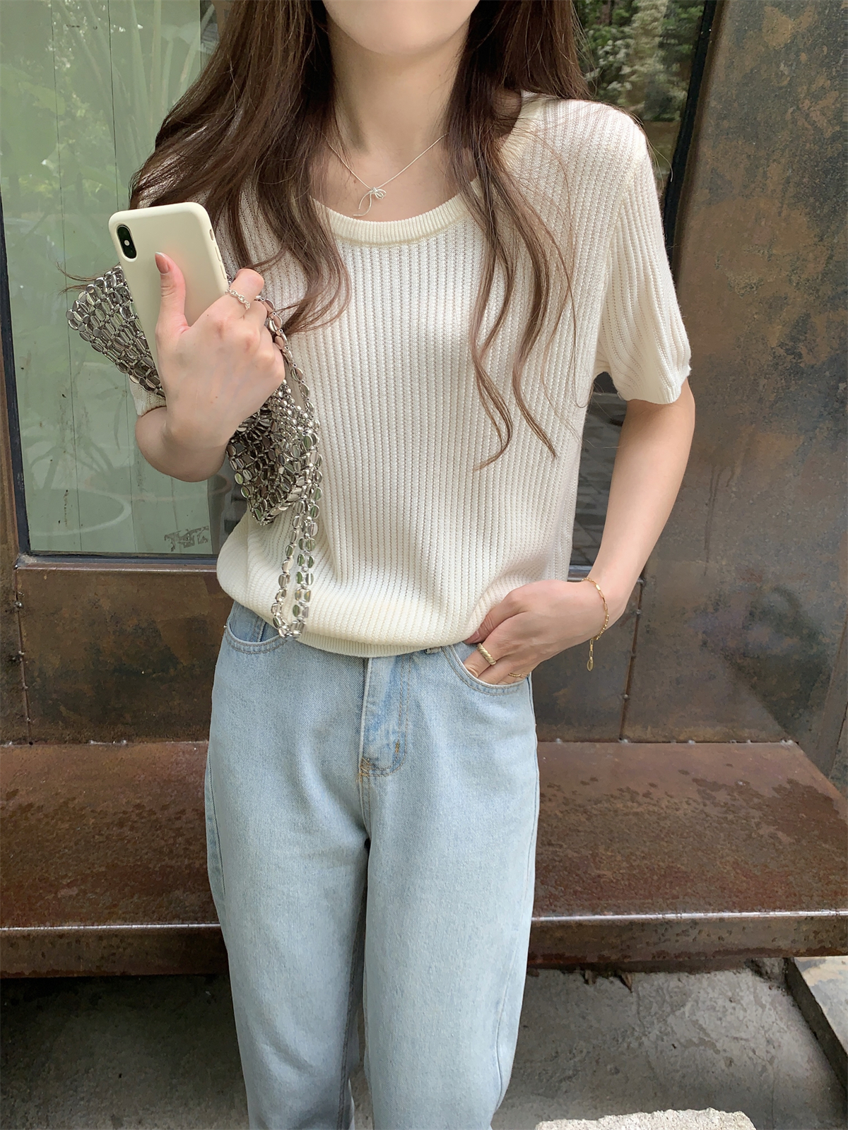實拍 夏季韓版寬鬆u領簡約百搭輕薄6羊毛針織短袖上衣女