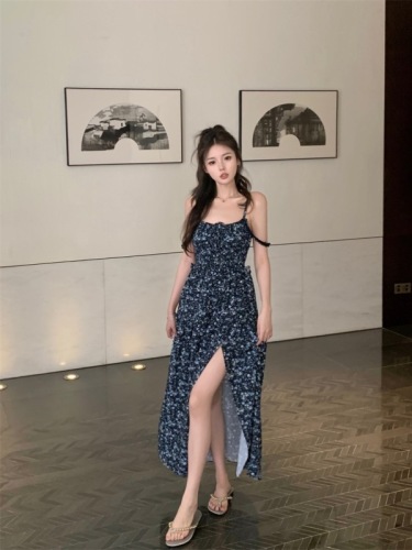 Real shot ~ 2024 new floral slit long skirt summer high-end temperament slim suspender dress for women