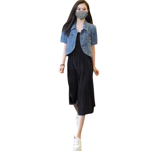 Fashionable retro denim shirt jacket for women summer 2024 new camisole skirt with shirt two-piece set