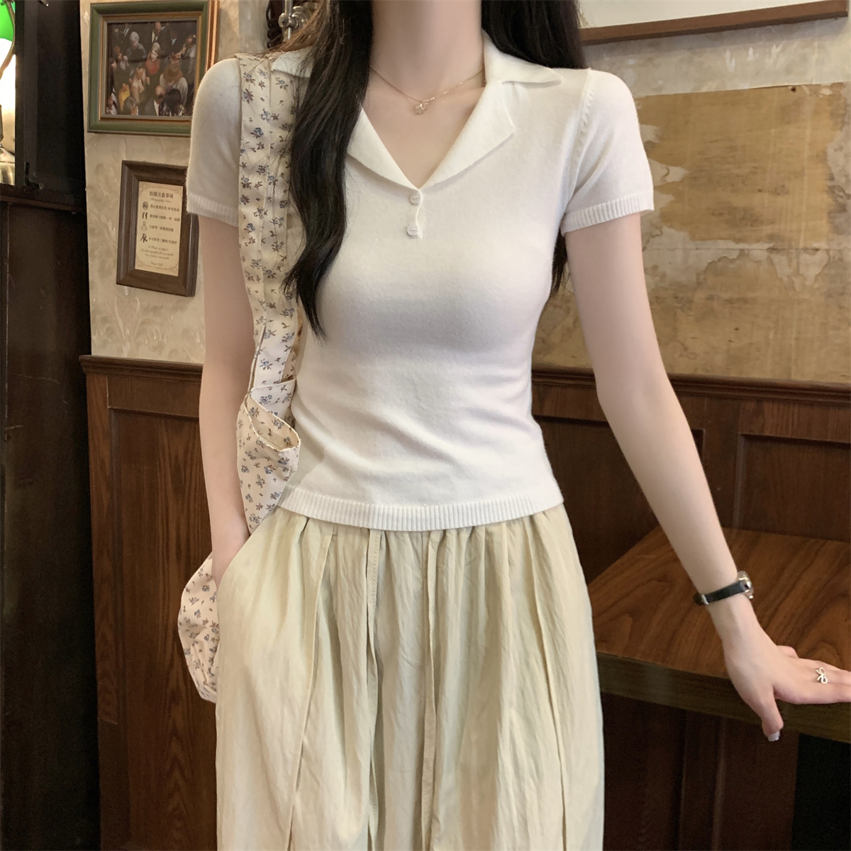Actual Photograph Summer Korean Style Elegant Suit Collar Button Design Pure Color Andy Wool Knit Short-Sleeve Top
