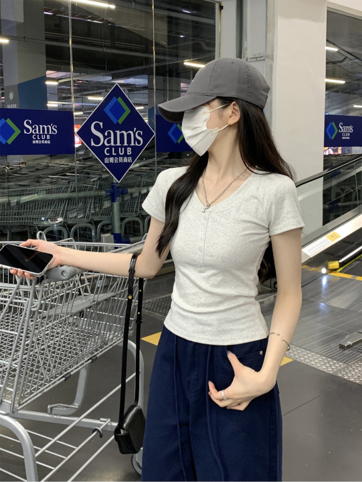 實拍 夏季韓版正肩顯瘦bm紐扣設計感百搭純色純棉短袖T恤上衣
