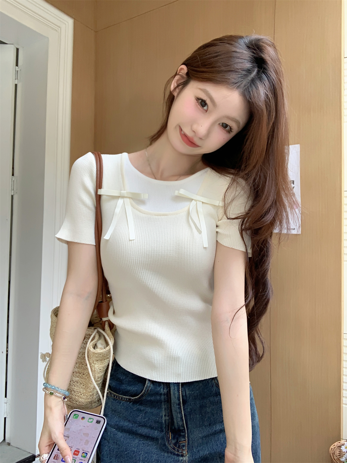 Summer Korean Style Fitted Sweet Color Block Mock Two-Piece Youthful Butterfly Knot Knit Short-Sleeve Women's Top