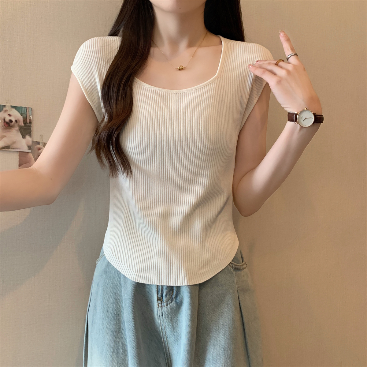 實拍 夏季韓版修身氣質方領落肩袖顯瘦針織上衣短袖女
