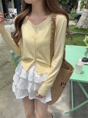 實拍 夏季韓版v領單排扣短款百搭薄款防曬針織開衫外搭