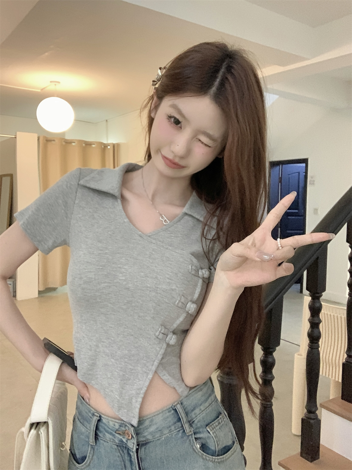 實拍 夏季韓版修身不規則盤扣氣質顯瘦百搭純棉短袖T恤上衣女