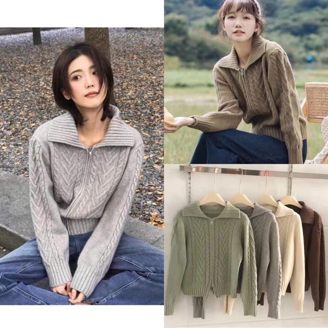 Gray Zipper Crochet Retro Women's Cardigan Jacket Loose Long Sleeve Knit Open Top Fashion