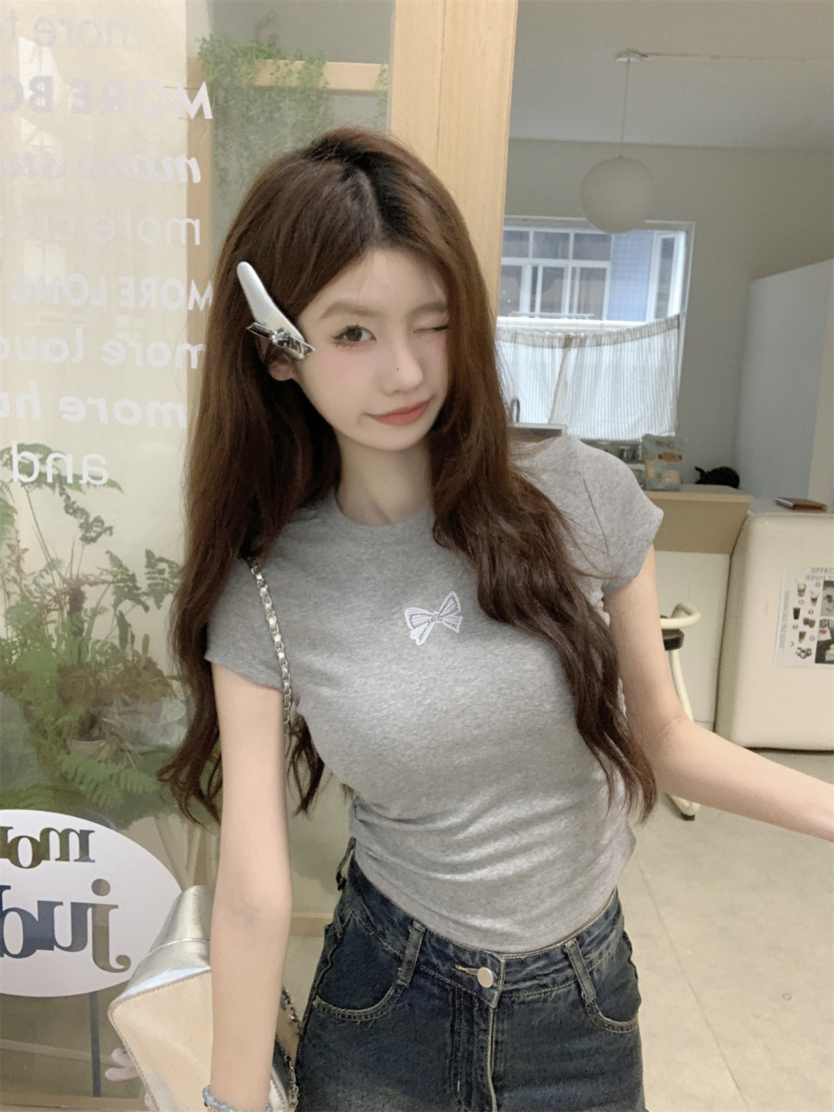 實拍 夏季韓版修身褶皺顯瘦減齡蝴蝶結燙鑽純棉短袖T恤上衣