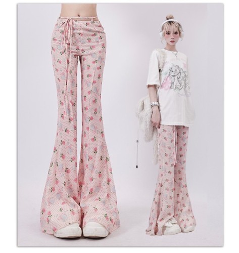 Slim-waisted slim pants, pink high-waisted slim straight casual pants for women, slim floor-length flared pants