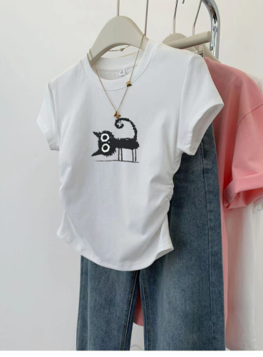四季青高端女装广州十三行欧货猫咪印花短袖T恤短款卡腰上衣夏季