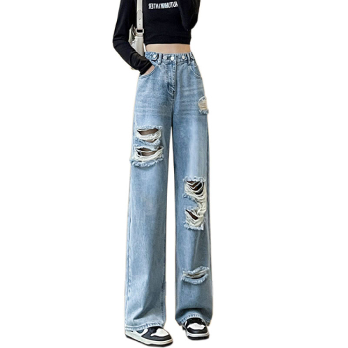 Beggar's ripped jeans for women, light color adjustable high waist niche design multi-button straight loose wide leg floor mopping trousers