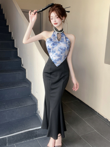 Real shot of new Chinese style improved cheongsam evening dress for women summer royal sister sexy fishtail halter neck hip dress