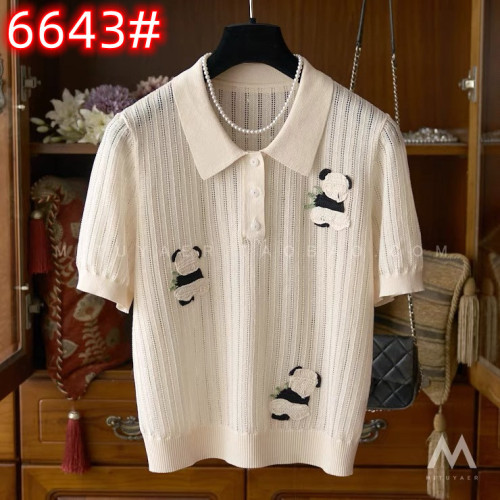 Fun and fashionable, highly recommended for age reduction, hand-knitted panda vertical stripe hollow texture polo lapel sweater top