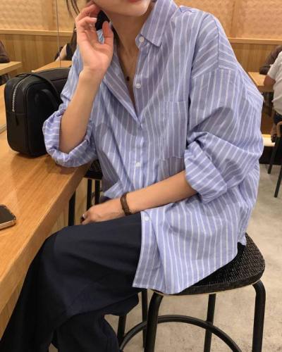 Korean chic retro single breasted shirt striped top
