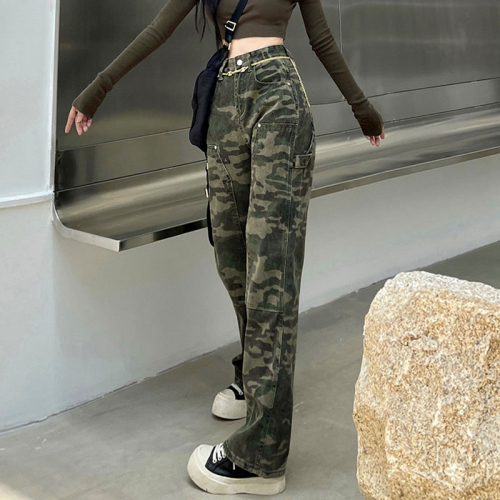 Camouflage overalls for women, American high street niche tie-dye high-waisted versatile pear-shaped wide-leg trousers, straight-leg jeans for women