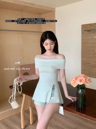 GS new summer style Korean style high-end pure lust style paper man slit one-shoulder waist knitted sweater top