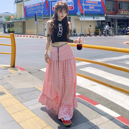 Actual shot of 24thootd Korean-style Omni pink plaid splicing design loose slimming high-waisted long skirt