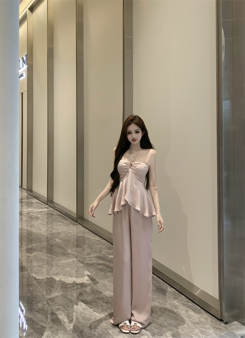 Real shot of pink temperament tube top suit for women in summer, pure lust halterneck chiffon top, drapey high-waisted straight trousers