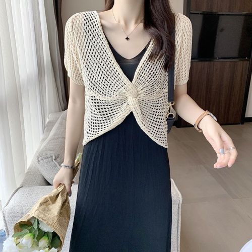 Suspender summer short shawl jacket ice silk knitted blouse hollow line women's thin sun protection