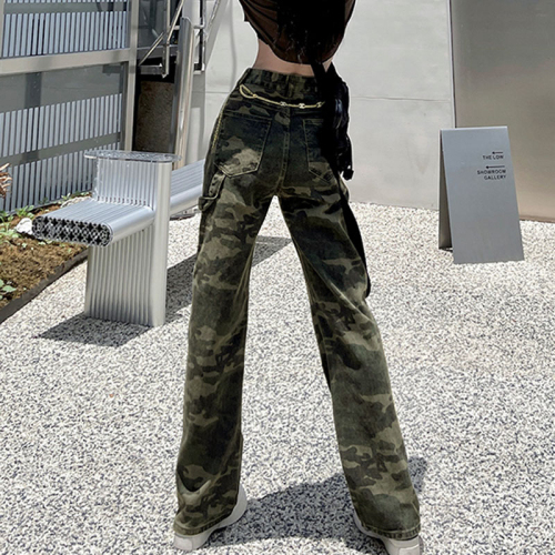 Camouflage overalls for women, American high street niche tie-dye high-waisted versatile pear-shaped wide-leg trousers, straight-leg jeans for women