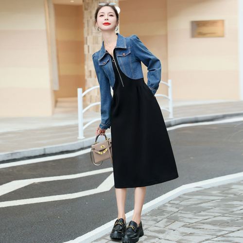 Early autumn long-sleeved denim splicing dress for women spring and autumn new design niche fake two-piece skirt