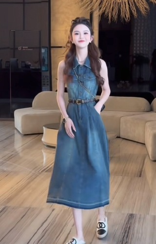 Xiaoqiaowu Customized Hong Kong Style Retro Lapel Denim Dress 2024 Temperament Waist Slimming Over the Knee Long Skirt