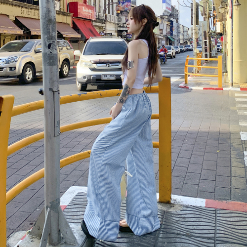 Real shot of 24th ootd! Korean style blue striped drawstring lazy style wide leg casual pants for women