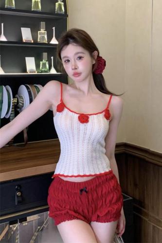 Real shot ~ Pure desire sexy crochet knitted flower suspender hollow slim vest summer new style