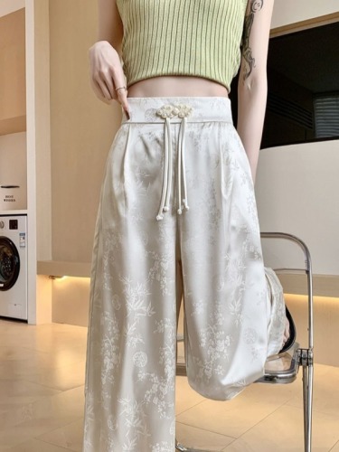 New Chinese-style Chinese-style buckle satin jacquard wide-leg pants for women spring and summer new high-waist slim drape casual floor-length pants