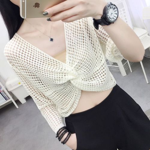 Women's summer new style pullover ice silk mesh top with suspender skirt, hollow blouse, thin small outer shawl style top