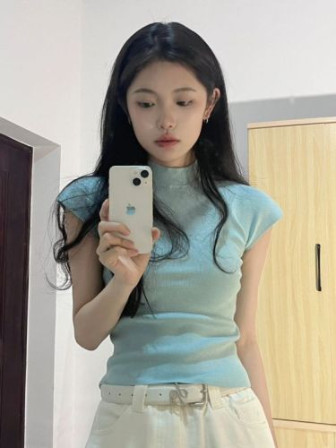 Pure desire blue half-high collar small flying sleeves right shoulder T-shirt women's summer tight slim fit knitted short top