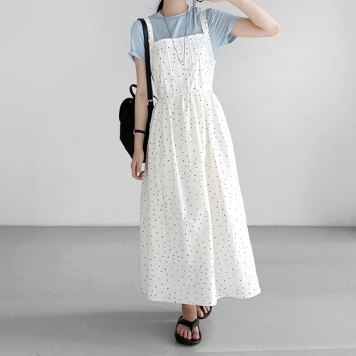 chic Korean summer French simple sweet square neck pleated lace-up waist sleeveless suspender dress
