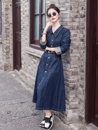 Spring and Autumn Clothes Over the Knee Long New Women's Retro Style Waist Slimming Long Sleeve Denim Dress Long Skirt