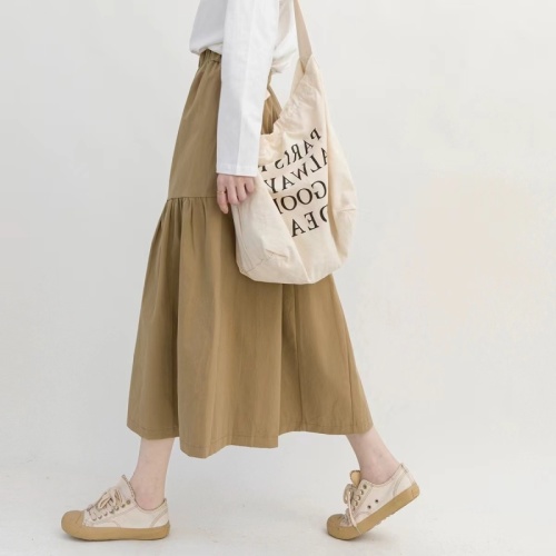 Khaki skirt women's summer a-line skirt Japanese literary forest style autumn workwear long half-length skirt