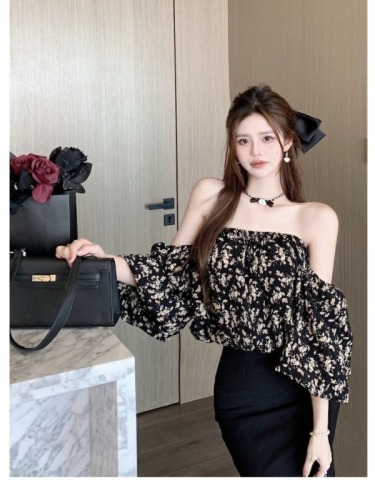 Summer design niche French puff-sleeve floral shirt for pure lust girls short one-shoulder tube top